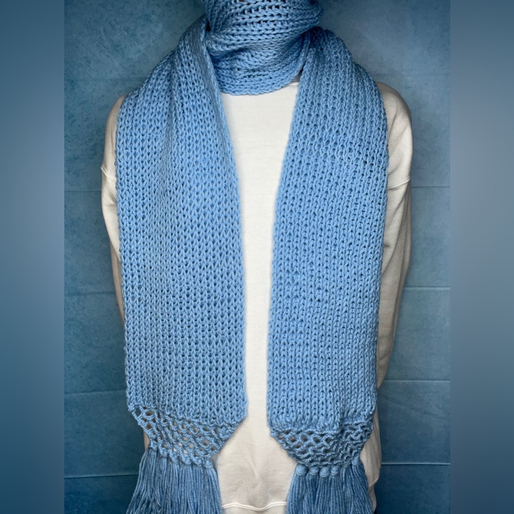 UNISEX Baby Blue Crochet Knitted Scarf with Fringe; Multiple Sizes